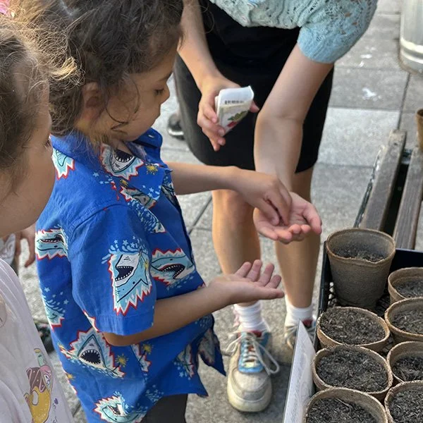 A teacher hands a toddler seeds during a gardening project
