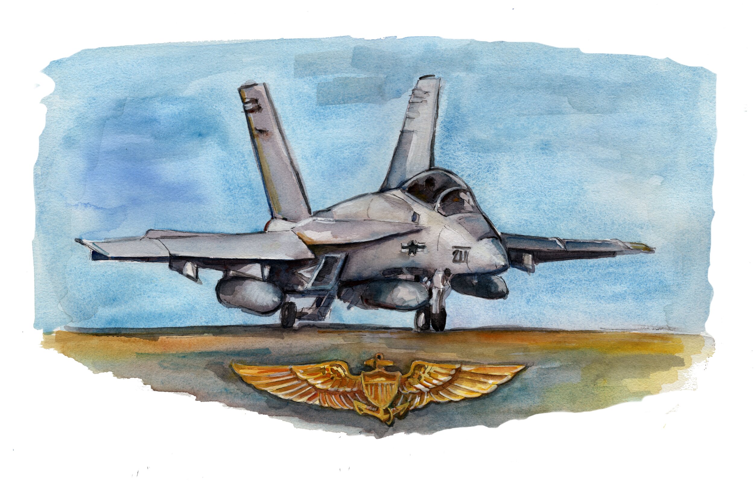 F/A-18 & Wings of Gold. 8"x11". Watercolor. 2019. 