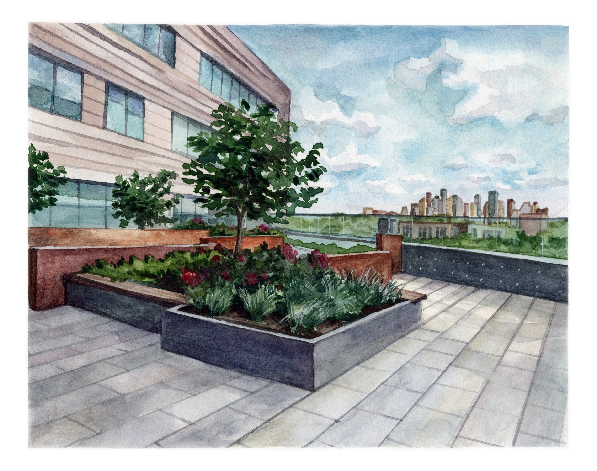 UofHouston Law Building Terrace. 8"x10". Watercolor. 2023. 