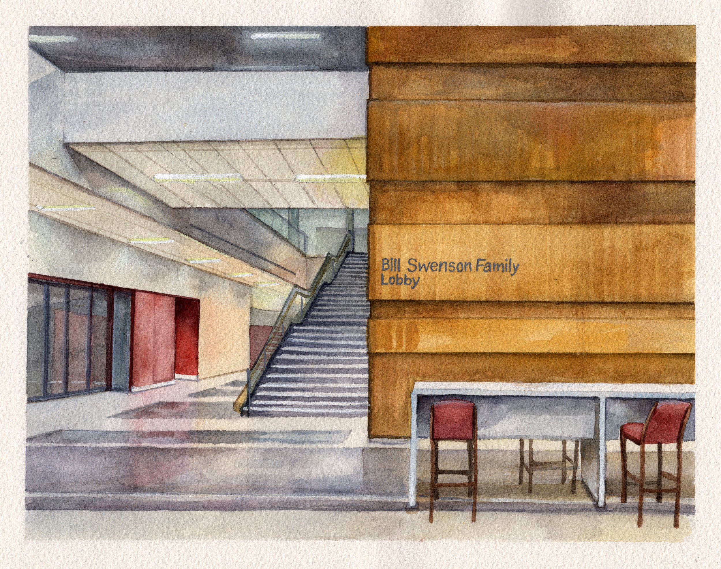 Bill Swenson Lobby, watercolor, 8"x10", 2023. 