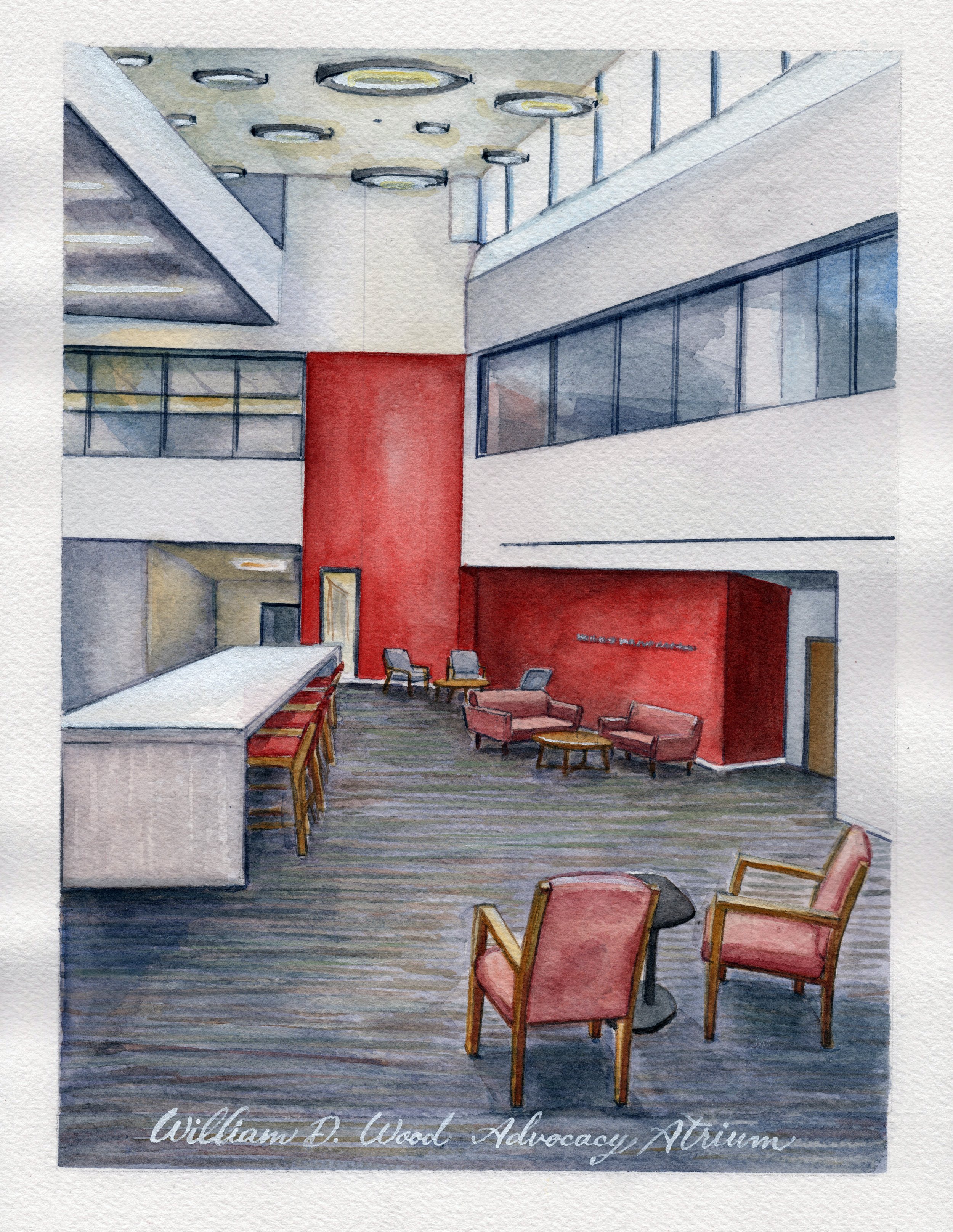 William D. Wood Advocacy Atrium, watercolor, 8"x10", 2023. 