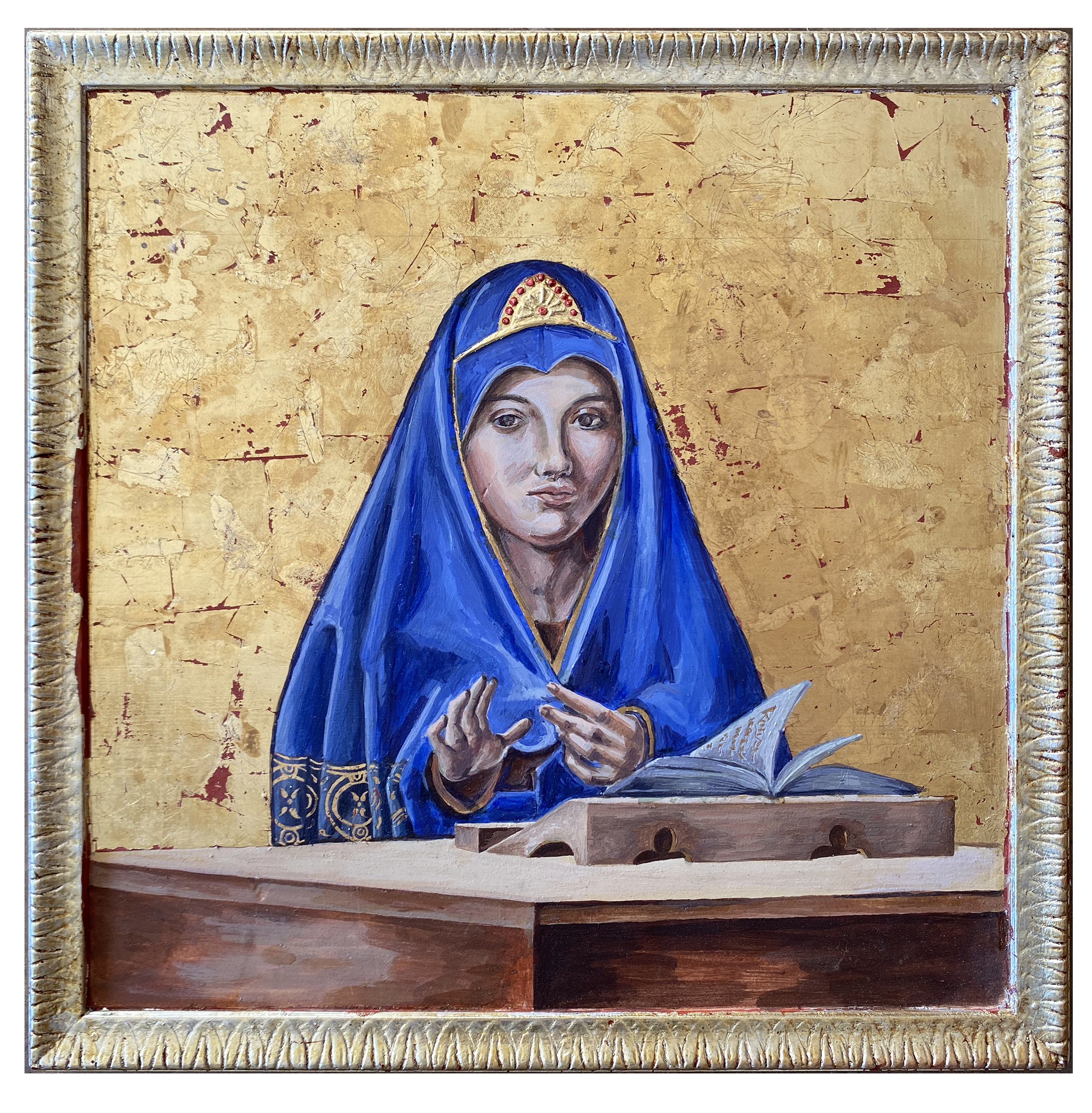 After Messina, Virgin Annunciation, tempera and gilding on panel, 16"x16", 2024. 