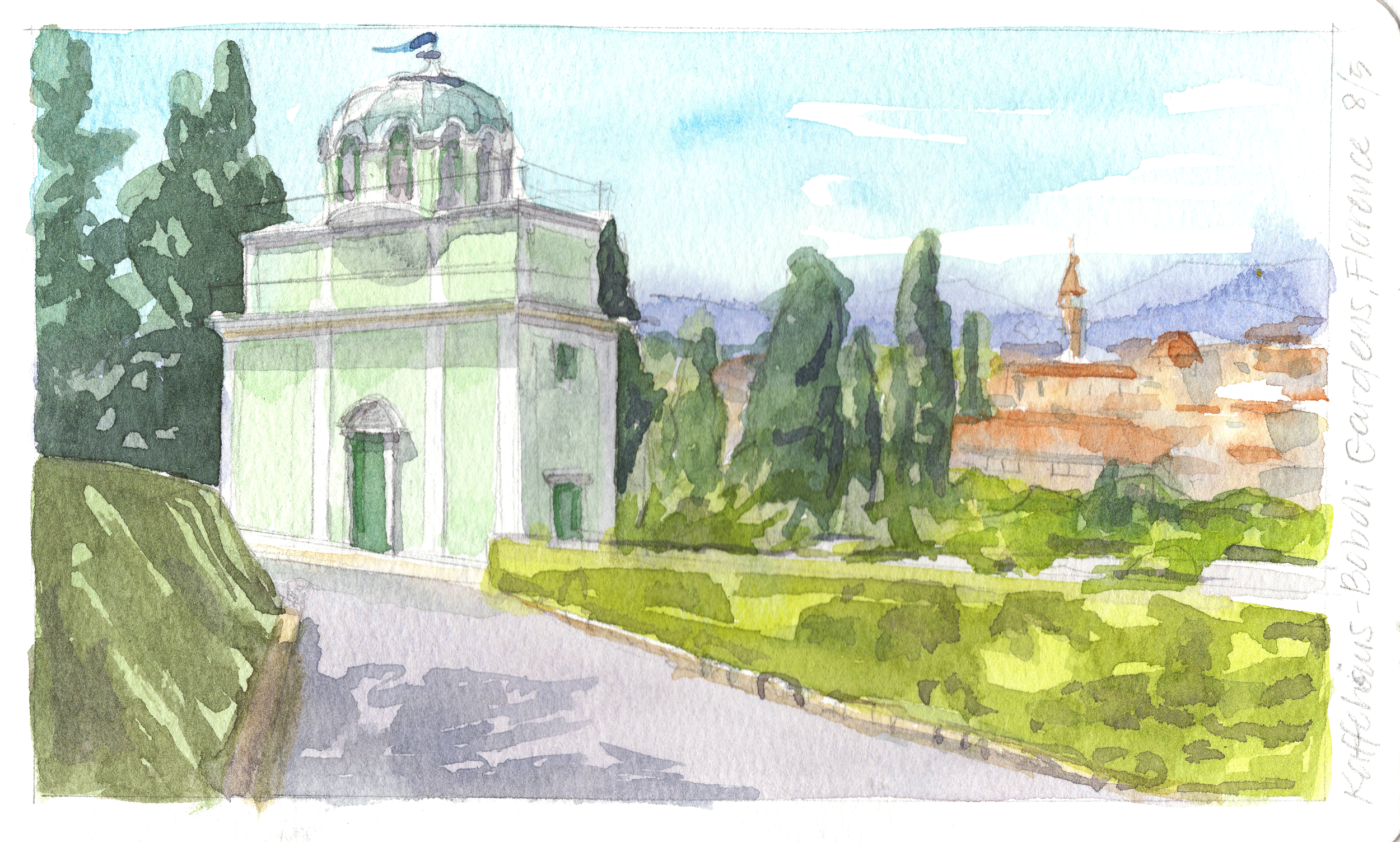 Bobboli Gardens Koffehaus, watercolor in sketchbook, 5"x9", 2024. 
