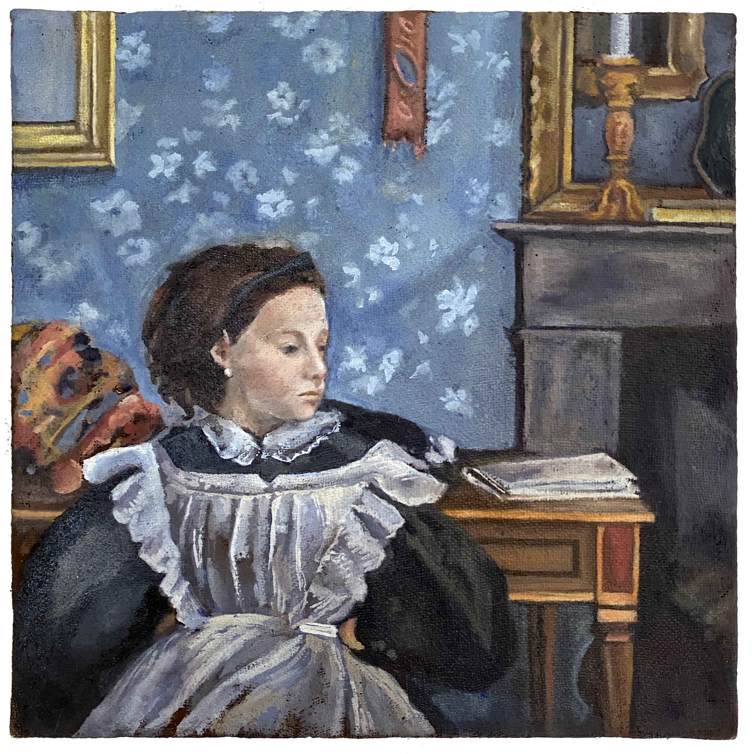 After Degas The Belelli Family, oil on burlap, 12"x12", 2024. 