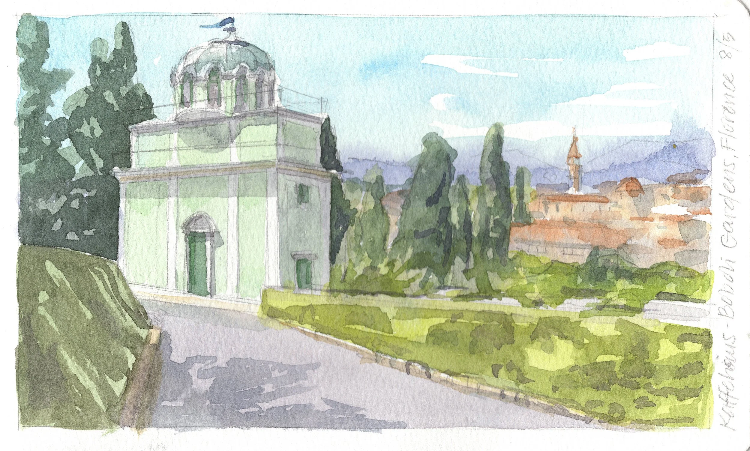 Bobboli Gardens, Florence, Italy, 5"x8", watercolor on paper. 2024. 