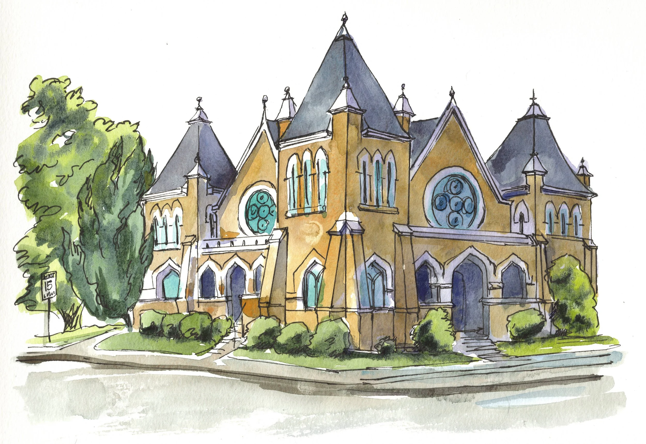 Ole Town Church, Brookhaven. watercolor on paper, 2026. 