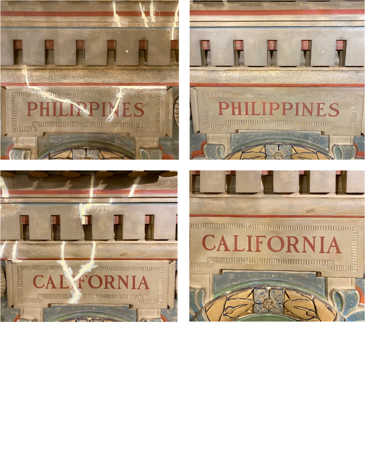 Before (left) and after (right) plaster repair in-painting, Indiana War Memorial, each approx. 24”x, 20”,  2025.
