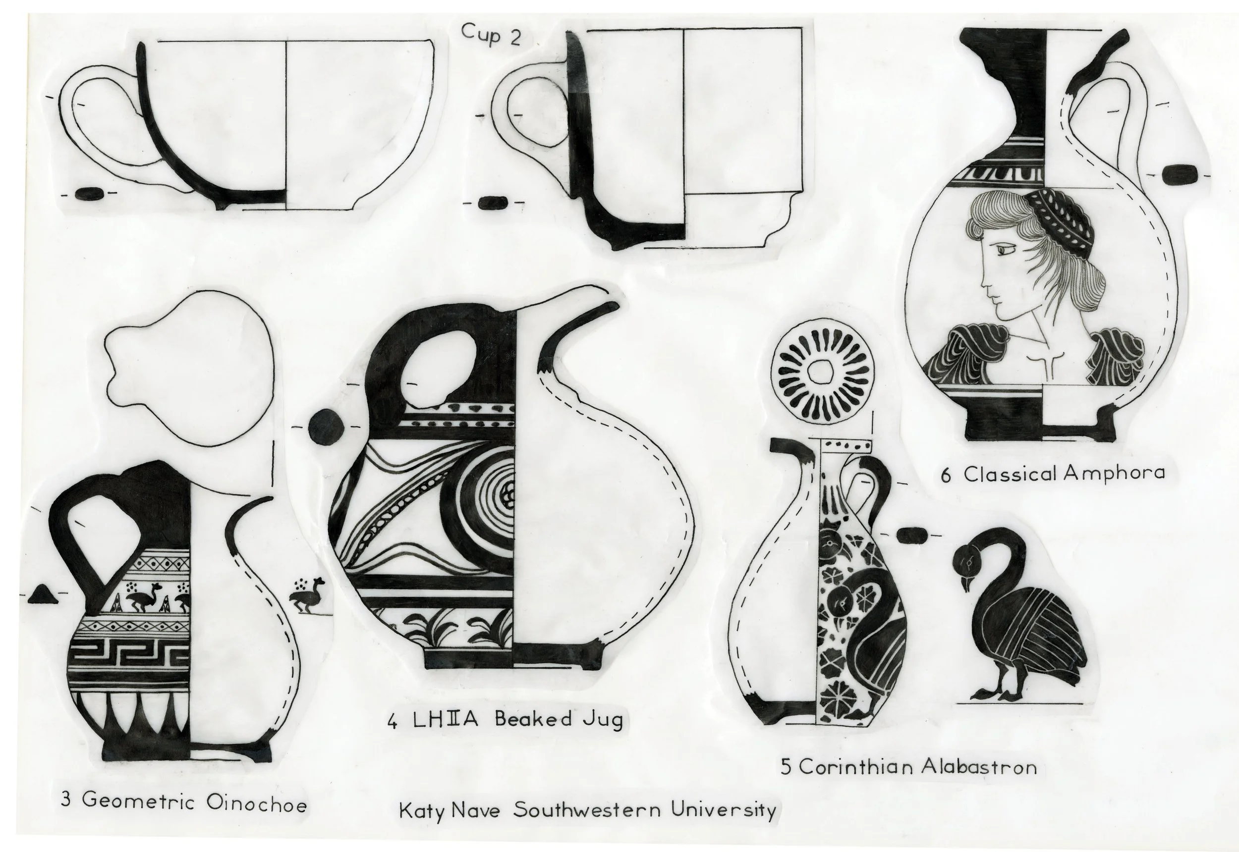 Archaeological drawings from fragments, hand-drawn in ink on vellum, 12"x18", 2015. 