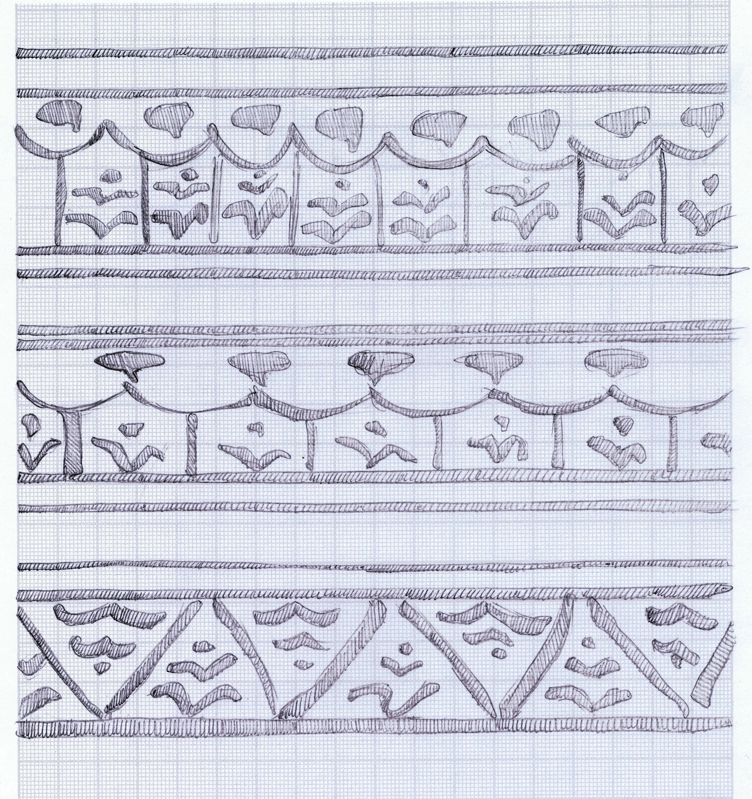 Hand Rendering of Roman Fresco patterns, Villa Arianna, Stabiae, Italy. Ink on paper, 11"x13", 2013. 