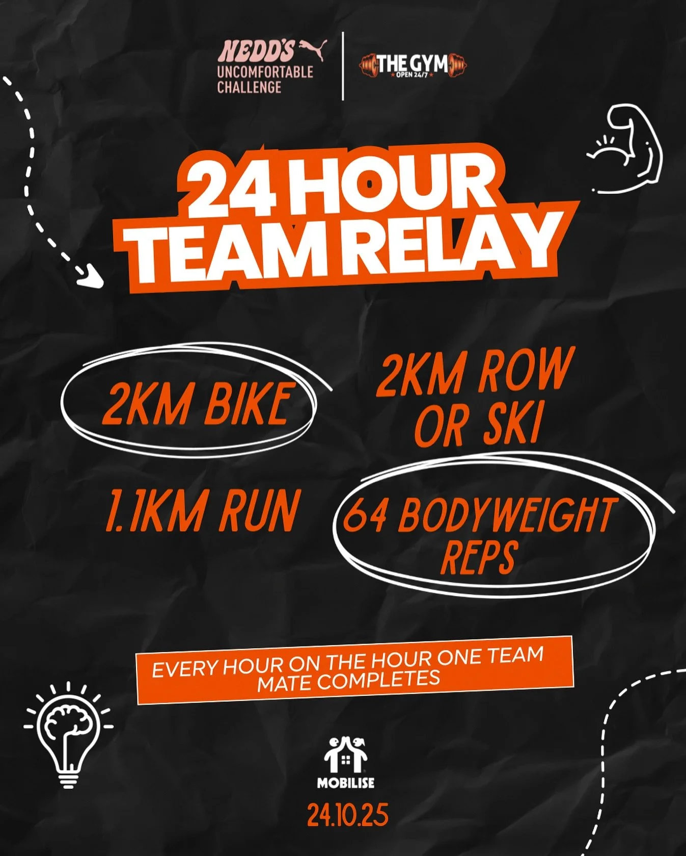 @thegymtumut π€ @neddsuncomfortablechallenge 
We kick off 6pm this Friday!! 
ποΈ Friday 24th October
β° 6pm start
πͺπΌ 24 hour team relay
Together, we will be completing a 24 hour team relay. Every hour on the hour, one team member will complete: