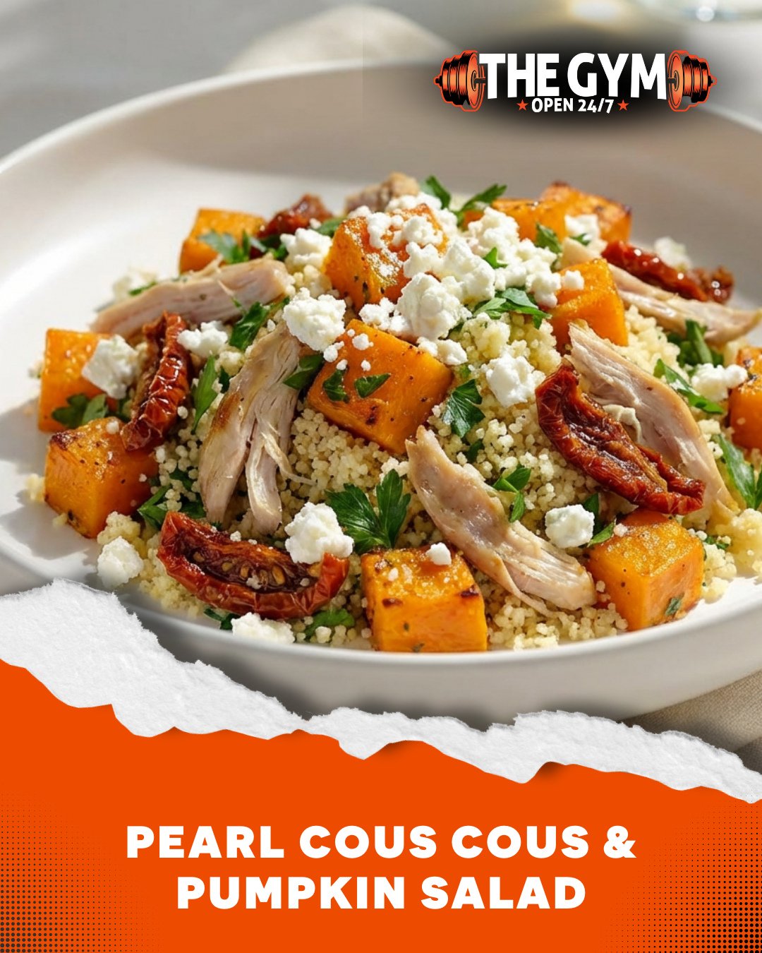 🍴 Pearl Cous Cous &amp; Pumpkin Salad 🍴⁠
⁠
Serves: 5⁠
Prep: 5 mins⁠
⁠
What you need:⁠
🔹 80g Bryne Co Sundried Tomato Halves⁠
🔹 10g Fresh Parsley, chopped⁠
🔹 400g Woolworths Country Style Hot Roast Chicken, shredded⁠
🔹 500g Woolworths Washed &am
