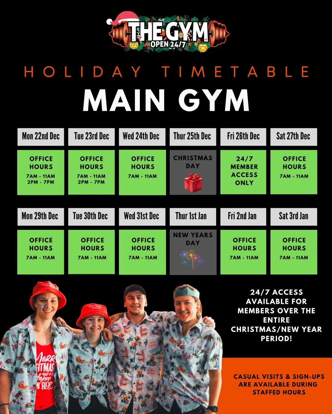 🎄HOLIDAY SCHEDULE🎄

The show goes on!!

✅ 24/7 access for Members
✅ Modified Group Fitness Timetable
✅ Short term memberships available for visitors
✅ Casual visits available during staffed hours!

🥊 PLUS, Boxing on Boxing Day!! 
🙏🏼 AND a pop up