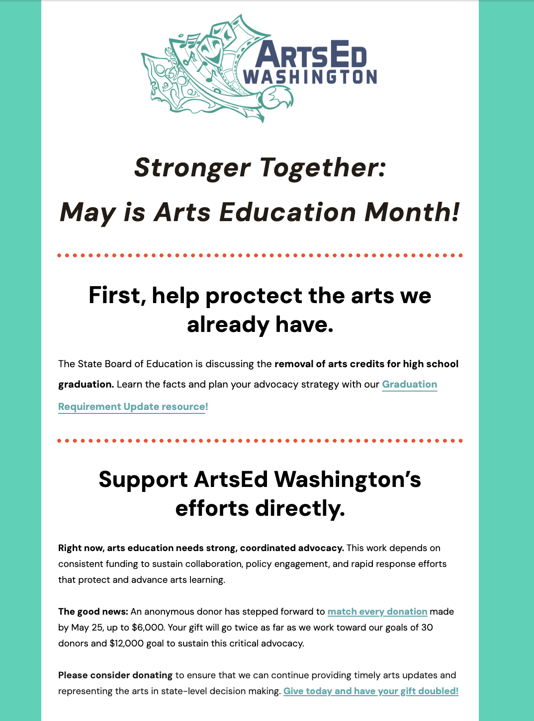 A digital flyer from ArtsEd Washington promoting the importance of arts education in May, emphasizing advocacy, support, and donations.