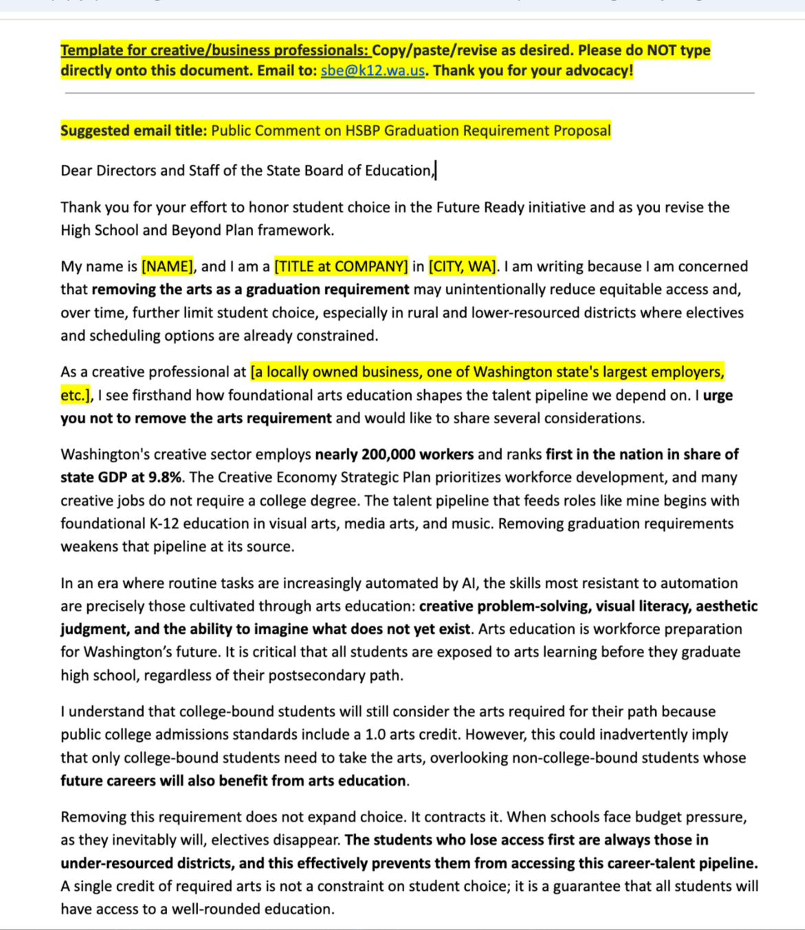Email template for creative and business professionals requesting copy editing and revision, with a suggested email title about public comment on graduation requirements, addressing school board directors, discussing arts education and employment statistics in Washington state.