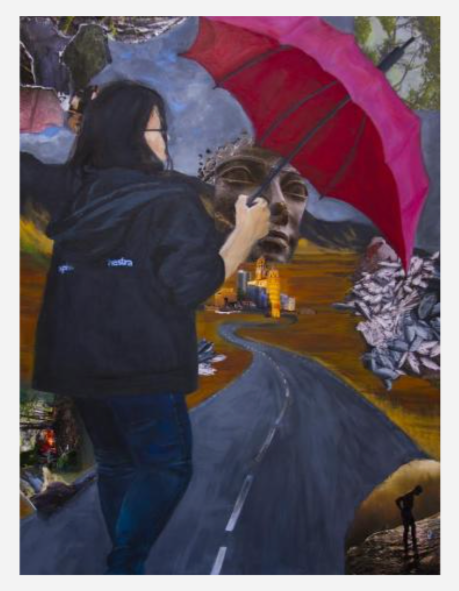 Student artwork of a person holding a red umbrella stands in front of a busy path. The artwork depicts a winding road leading to a city skyline and a large face, set against a mountain landscape.