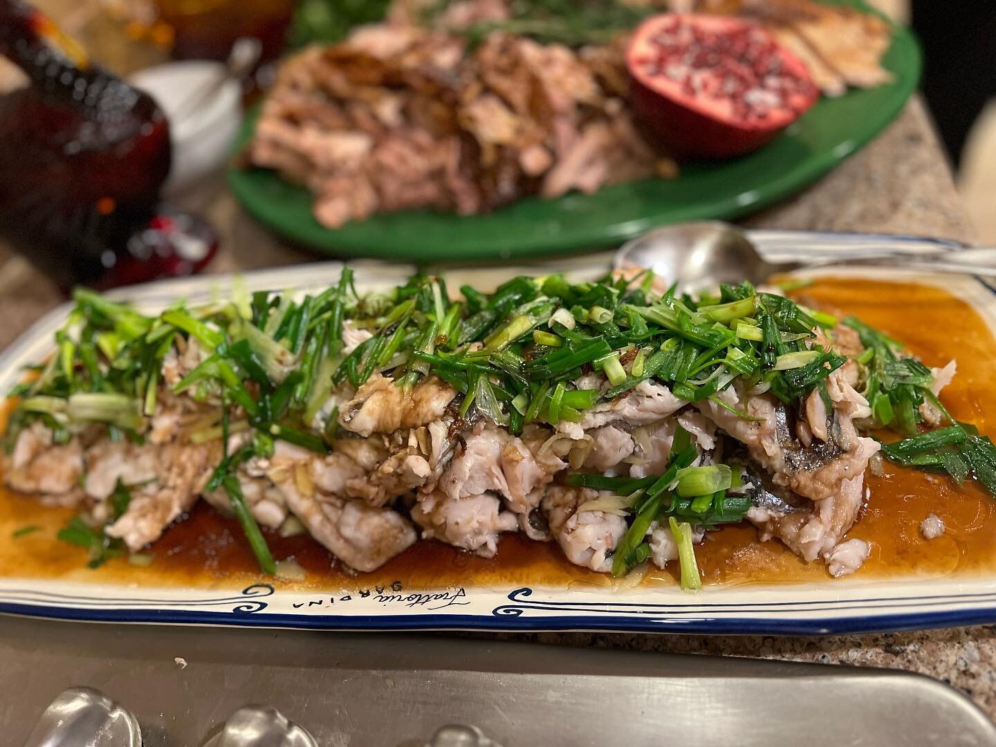 Kicking off the holiday season 🍂 with a traditional Eng Family Thanksgiving &mdash; Chinese steamed fish with garlic/ginger sauce and dim sum, Honolulu short ribs, Chinese chicken salad, poke, homemade meatballs with sugo, quiche, homemade cranberry