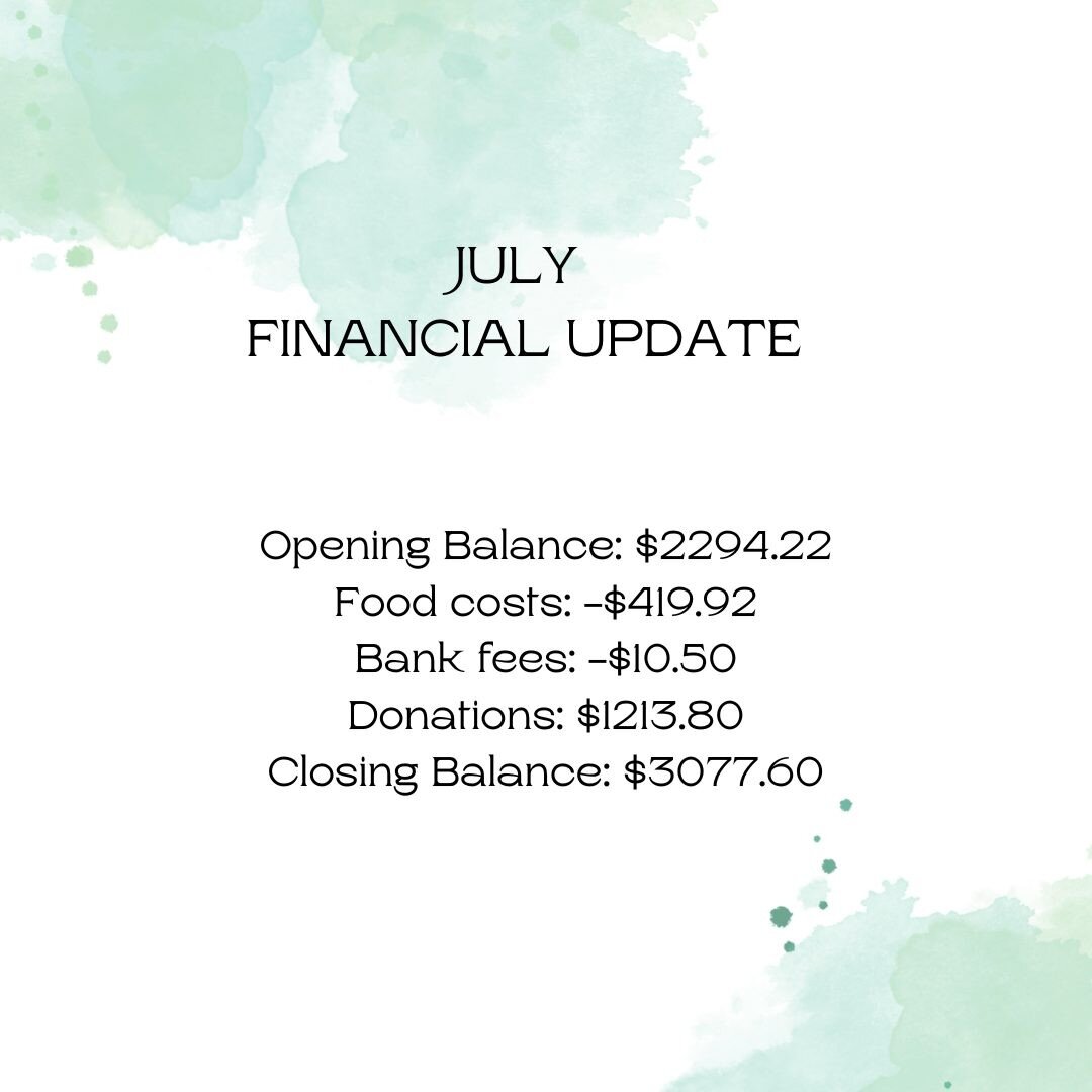 July financial update. We slowed down our spending in June due to limited donations. Thanks to everyone who donated in July, especially Diane's Place and everyone else who matched the donations.