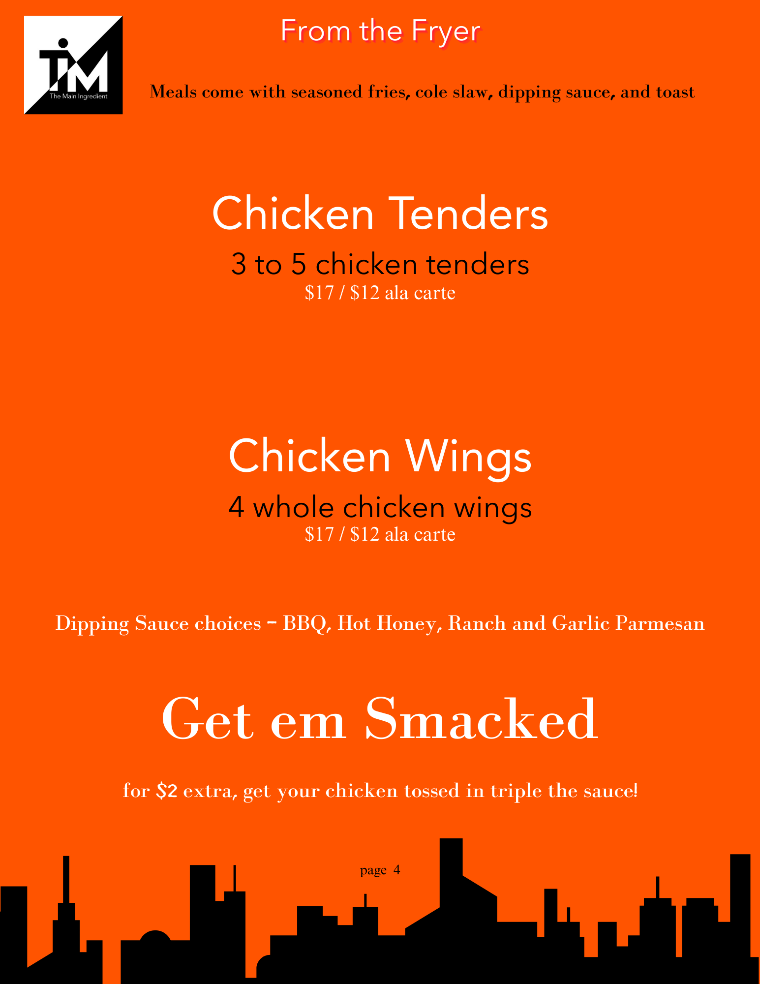 A restaurant menu on an orange background listing fried chicken options including chicken tenders and chicken wings, with dipping sauce choices. The menu features a city skyline silhouette at the bottom and a logo in the top left corner.