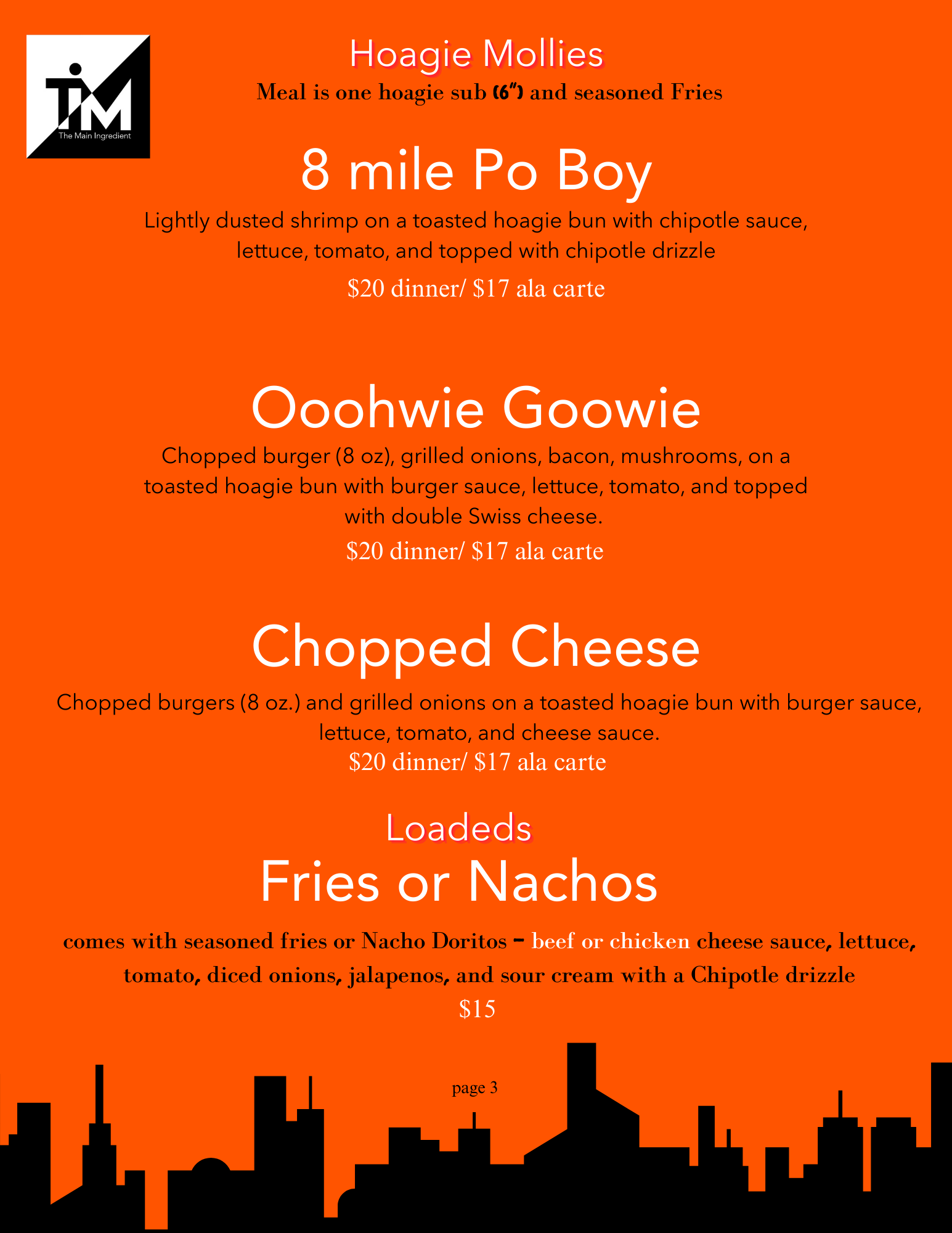 A menu with orange background and white text listing various hot dog options. It features Hoagie Mollies, including the 8 mile Po Boy, Ooohwie Gowie, Chopped Cheese, and Loaded fries or nachos with detailed descriptions and prices.