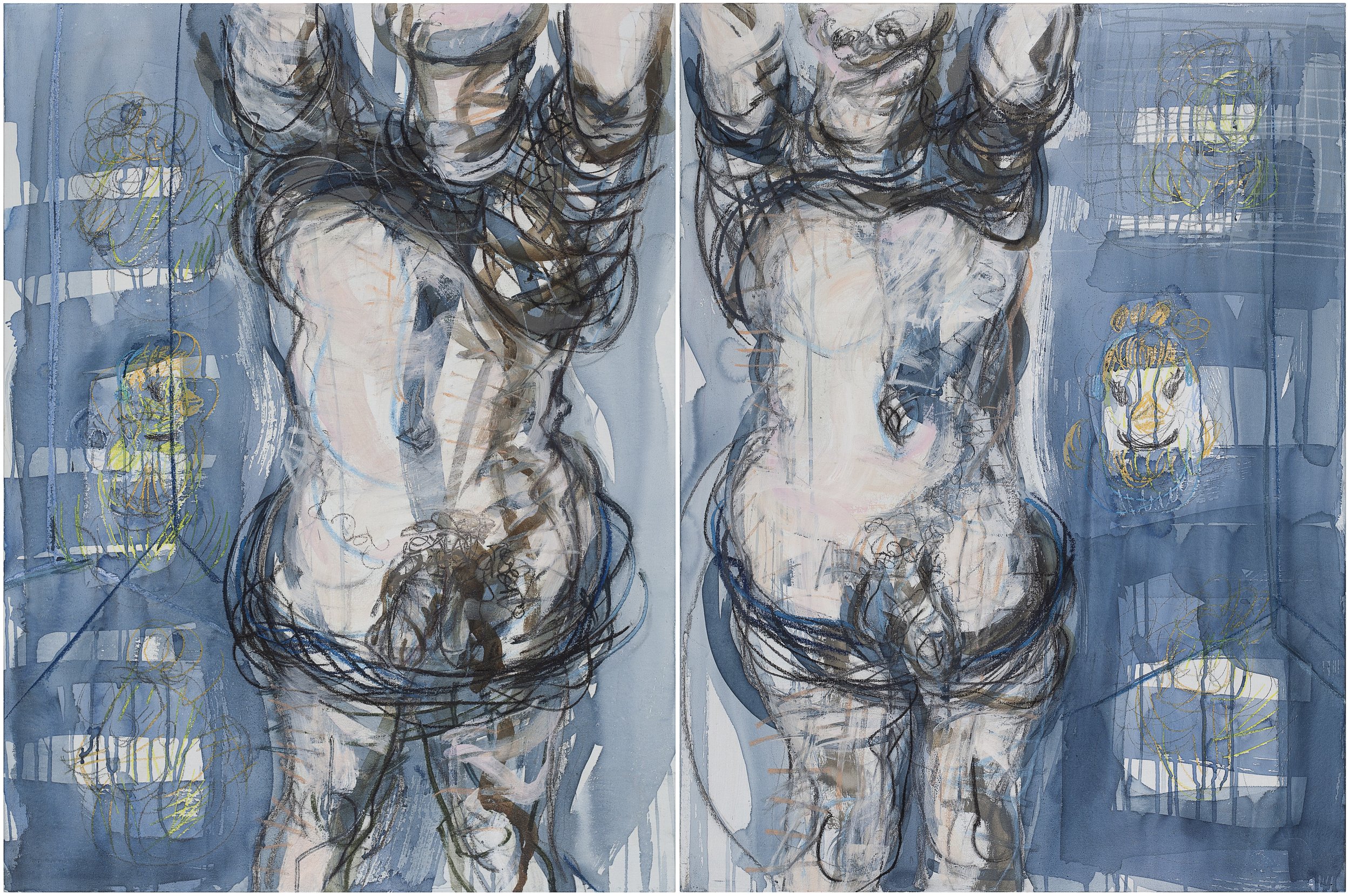 04_DissonantStudies(TheirTorsowithDaisyDuckHead)_2023_Watercolor_Acrylic_ColoredPencil_Pastel_Canvas_40X60inch_Diptych.jpeg