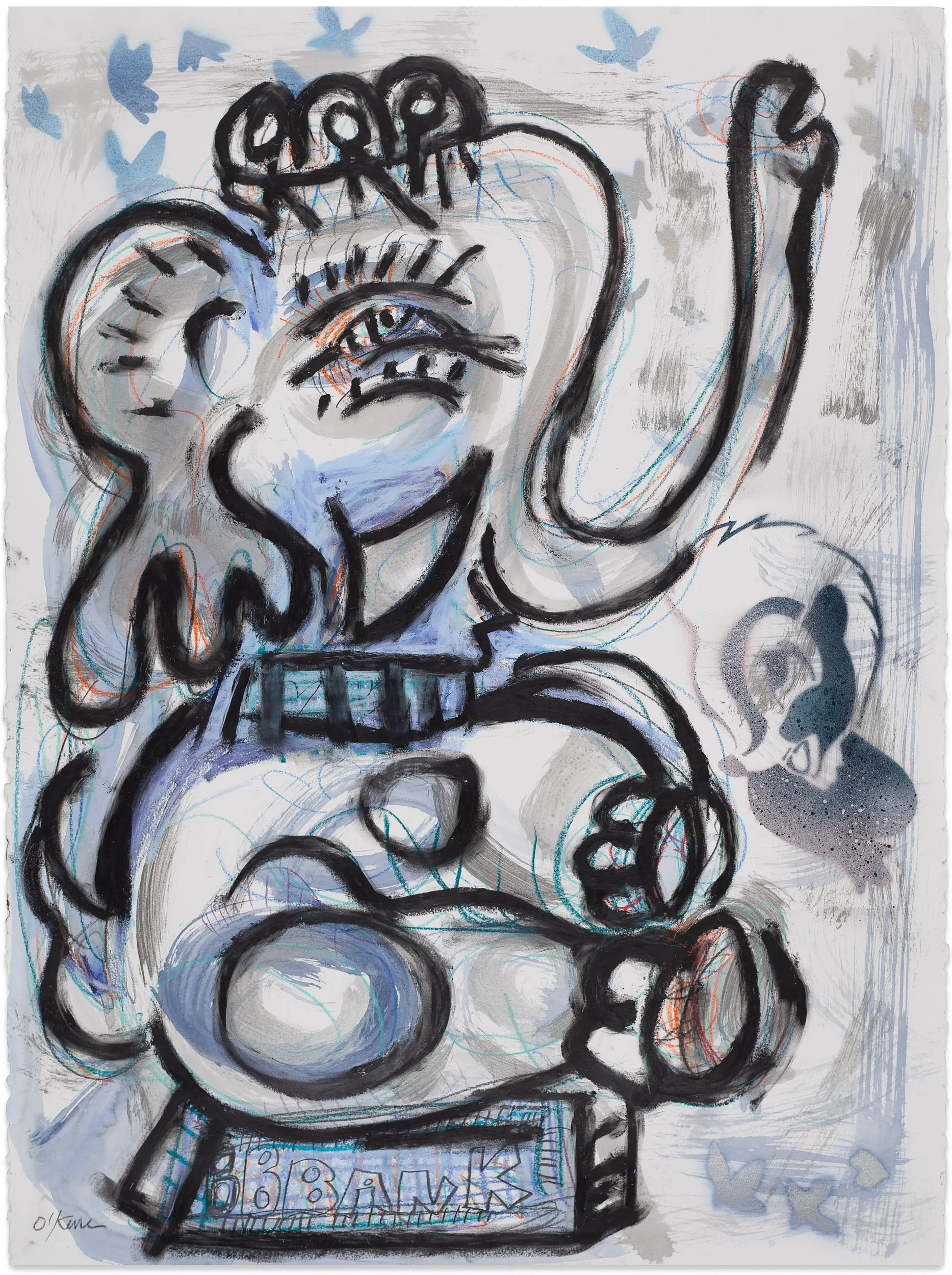  BBank , 2025 Lithographic rubbing ink, pencil, and spray paint on paper 30 x 22 inches