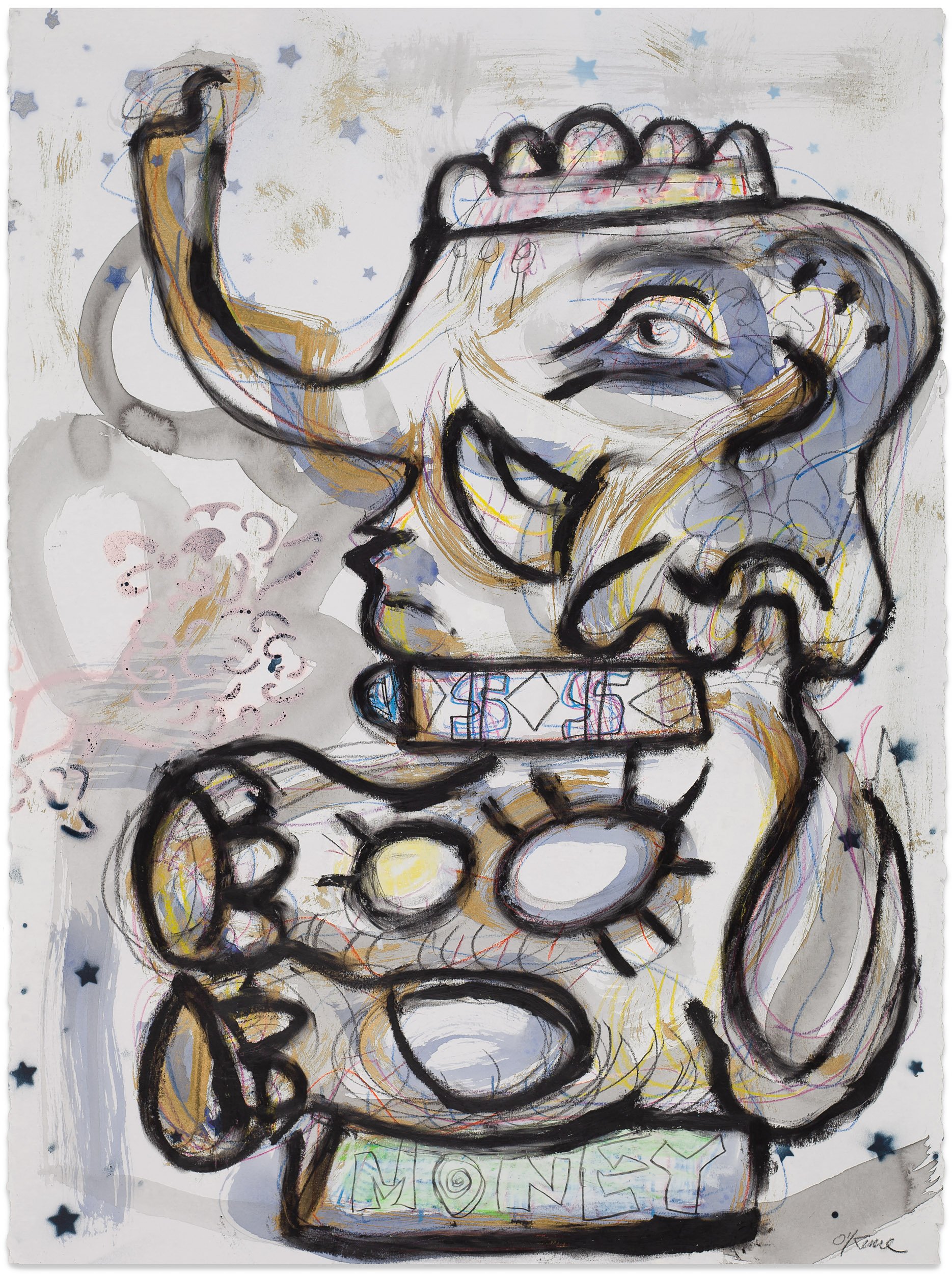  MONEYDOG , 2025 Lithographic rubbing ink, crayon, pencil, and spray paint on paper 30 x 22 inches