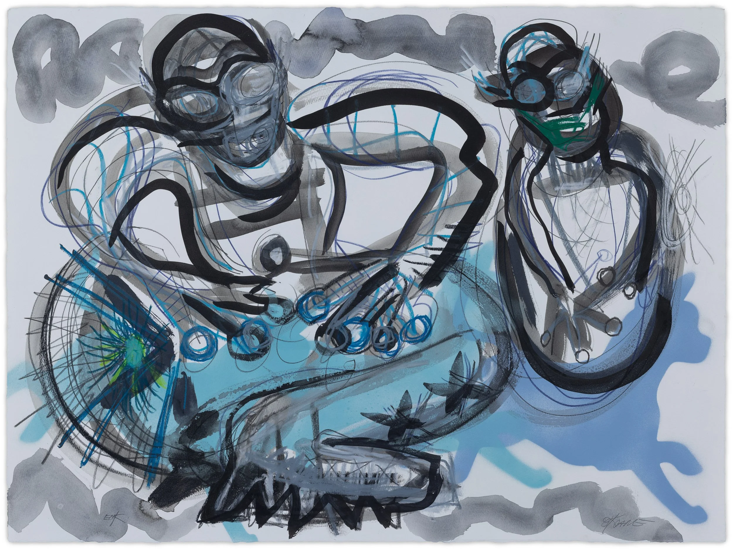  SideCar#7 , 2026 Ink, colored pencil, and spray paint on Arches Rives paper  22 x 30 inches