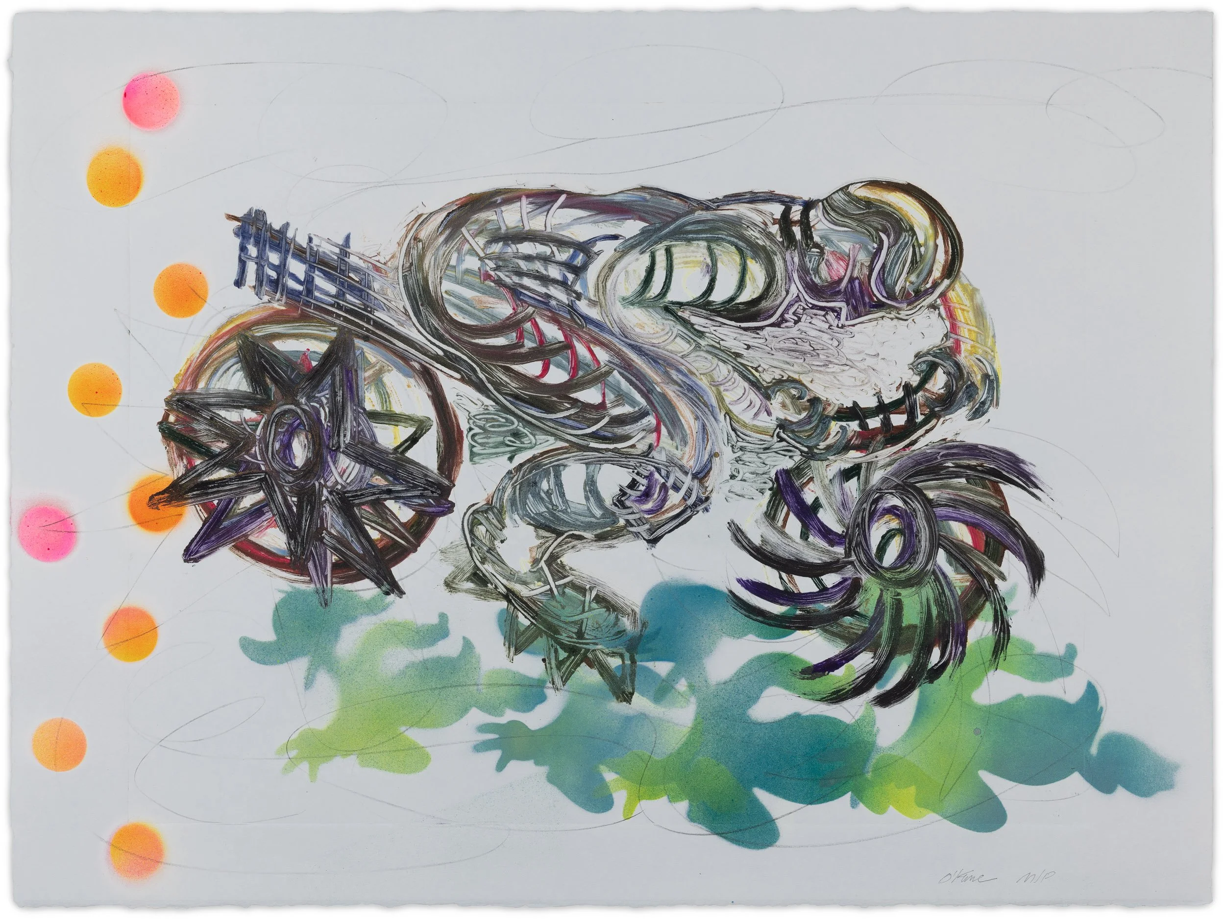  Duck Run , 2026 Oil stick, spray paint, and lithographic crayon on Somerset paper 22 x 30 inches