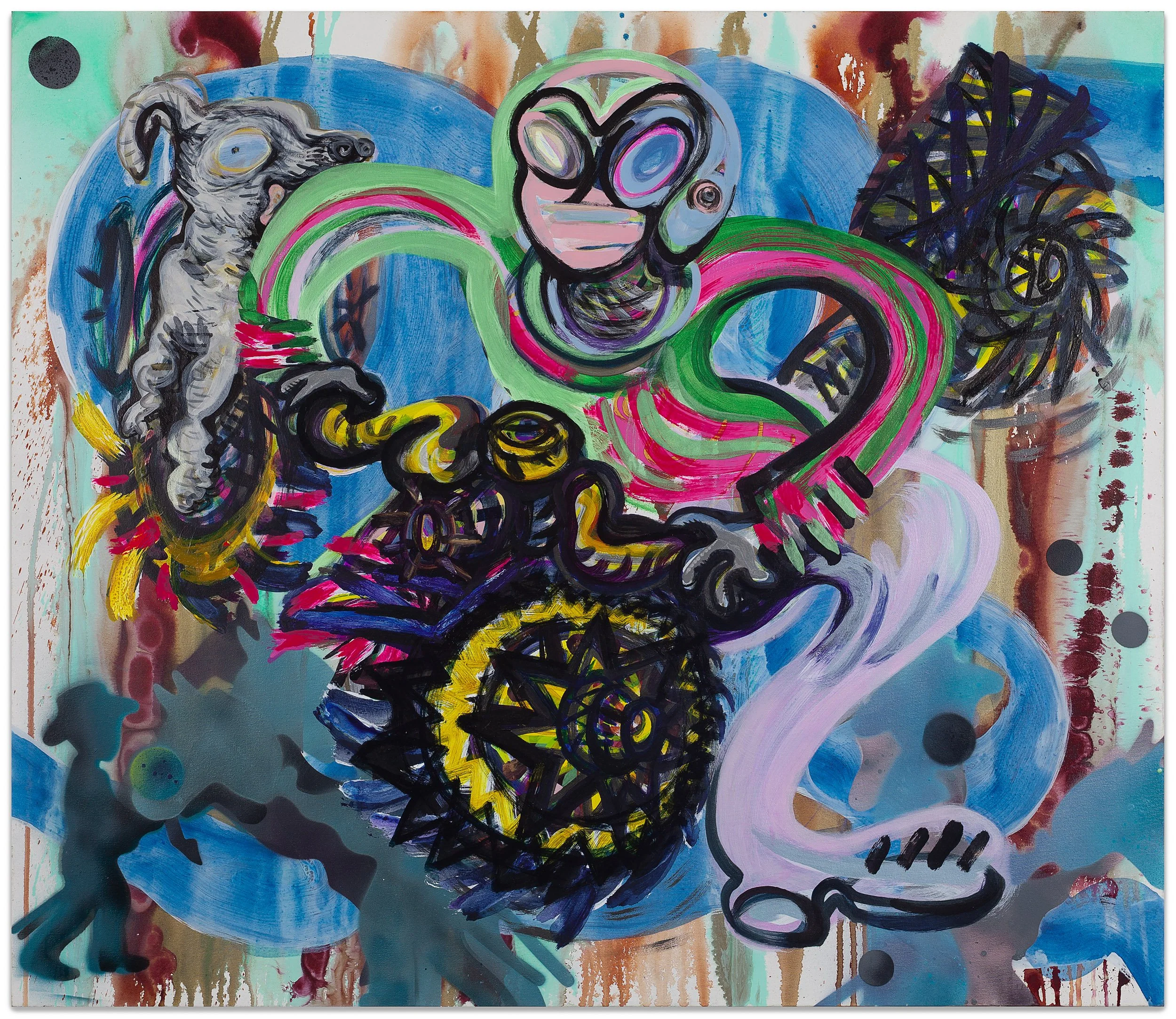  9A , 2026 Acrylic and spray paint on canvas  50 x 58 inches