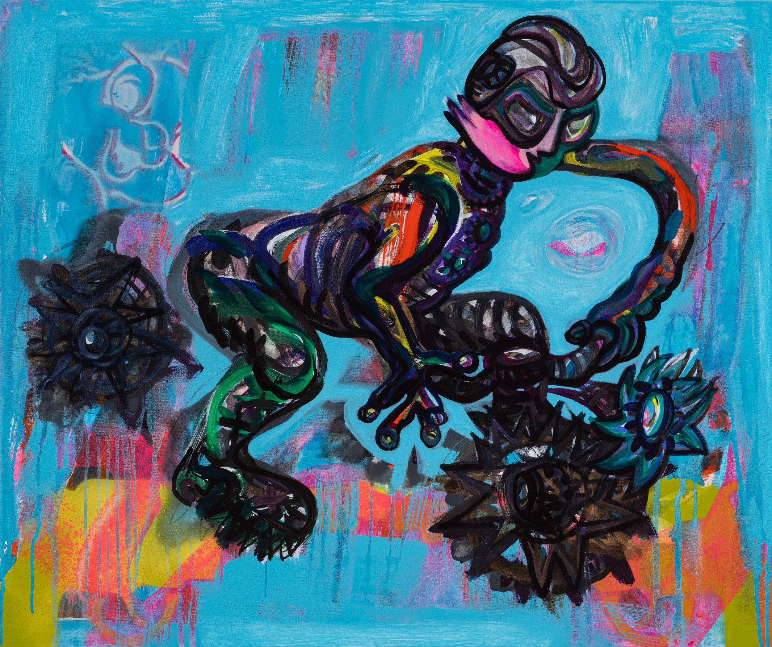  Thump, Thump, POW , 2026 Acrylic, spray paint, and pastel on canvas  40 x 48 inches