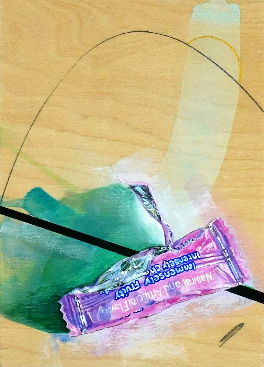 Pink Flavor Discarded Wrapper, acrylic, graphite and gold ink on panel, 7"x5"