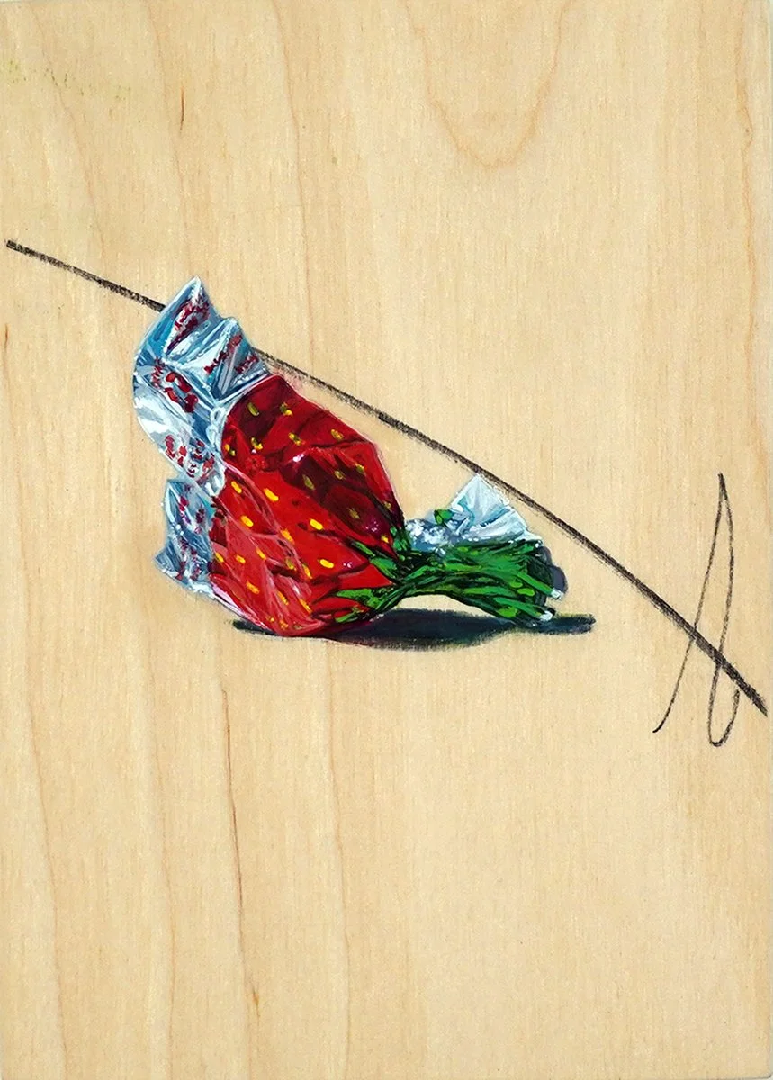 "Strawberry Candy Wrapper",
acrylic and graphite on panel,
7" x 5"