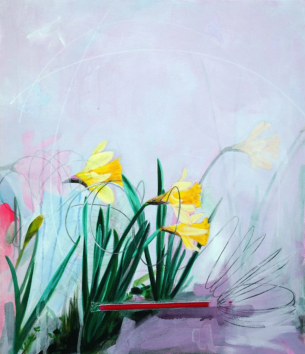 "Narcissus",
acrylic, pencil, and spray paint on canvas stretcher,
19" x 16.25" x 1.5"