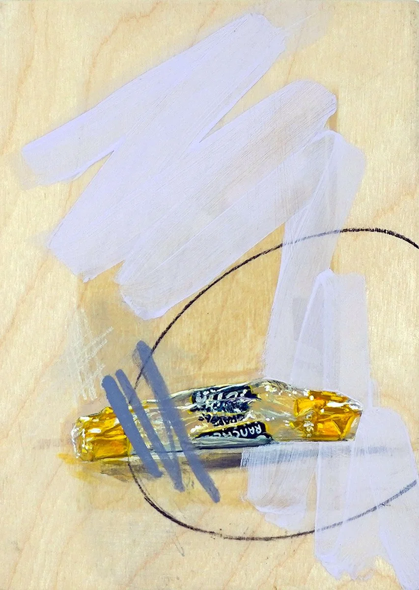 "Sweets Wrapper; Grape Jolly Rancher",
acrylic and charcoal on panel,
7" x 5"