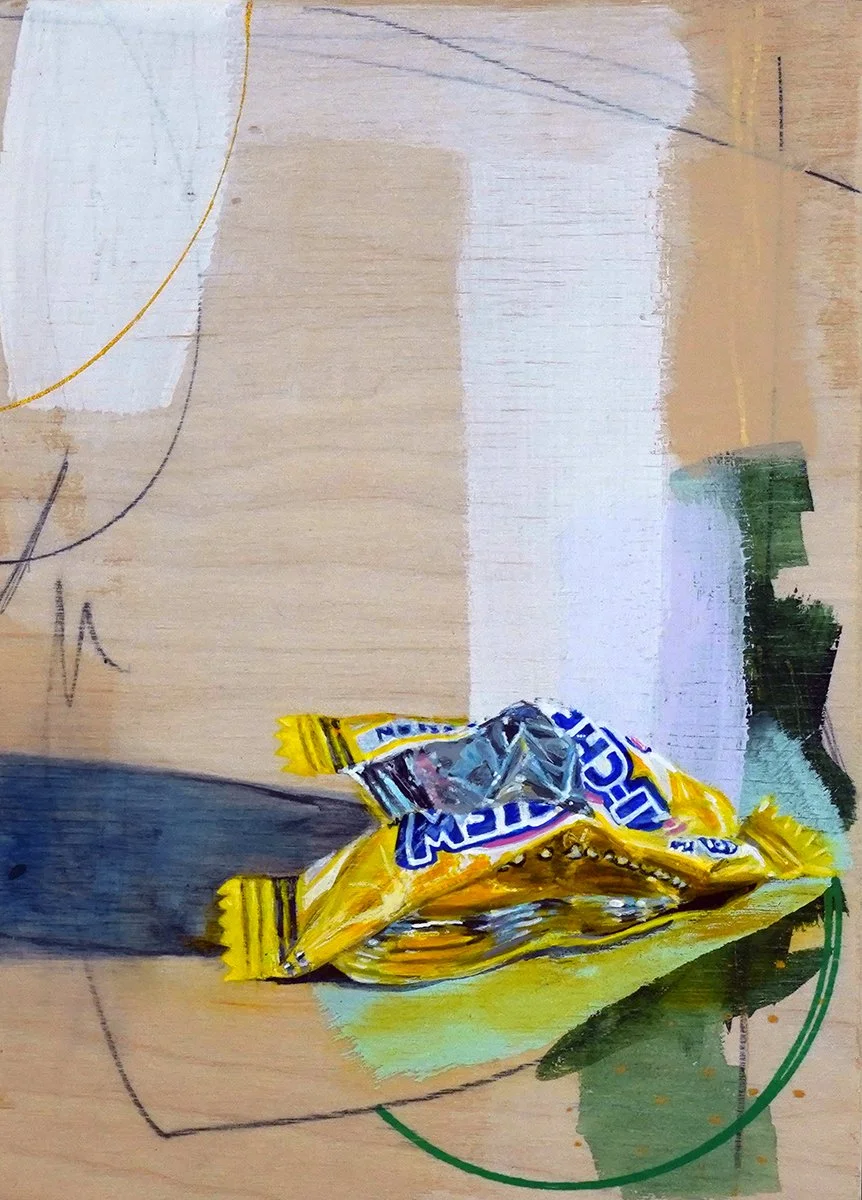 Lemon Flavor Discarded Wrapper, acrylic, graphite and gold ink on panel, 7"x5"