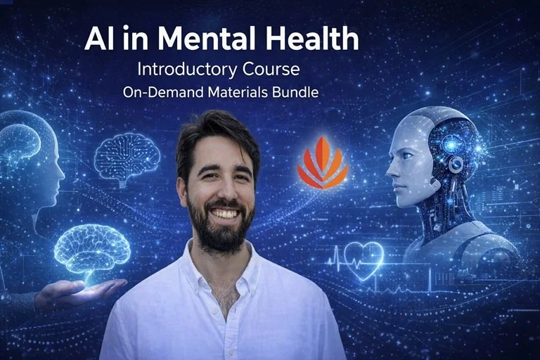 Dr. Alexandre Vaz smiling in front of artwork of a human brain and an AI figure, with the course title AI in Mental Health, Introductory Course, On-Demand Materials Bundle.