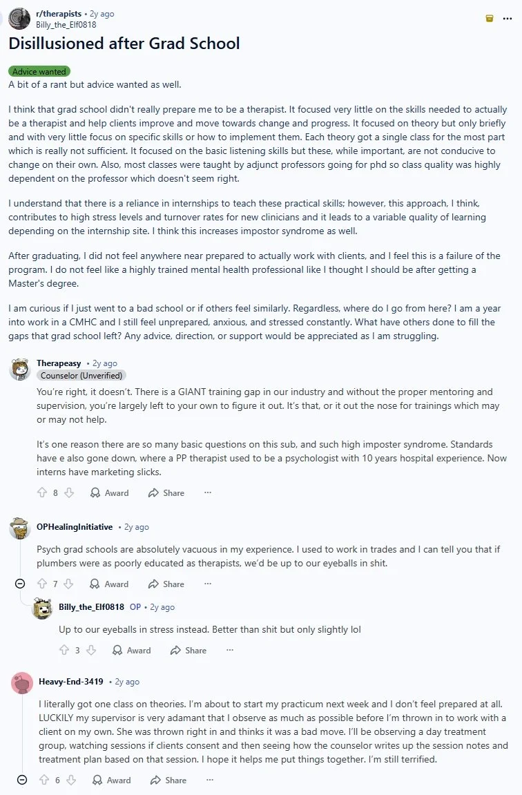 Reddit post from recent graduate who thinks “grad school didn’t really prepare me to be a therapist”