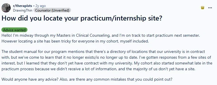 Reddit post therapist trainee says “locating a site has been tricky for everyone in my cohort”