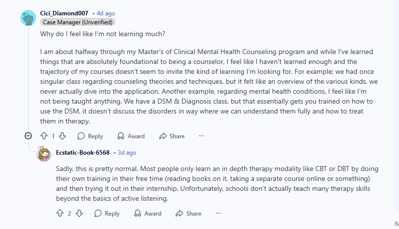 reddit post from Therapist trainee feeling “like they are not learning much”