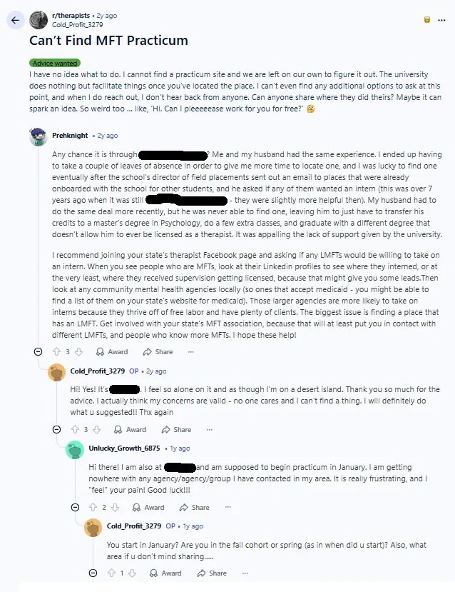 Reddit post from MFT student who “cannot find a practicum site”