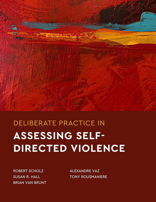 Cover of a book titled 'Deliberate Practice in Assessing Self-Directed Violence' with dark red abstract landscape artwork.