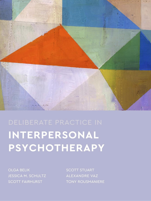 Book cover titled 'Deliberate Practice in Interpersonal Psychotherapy' with an abstract, colorful geometric painting background.