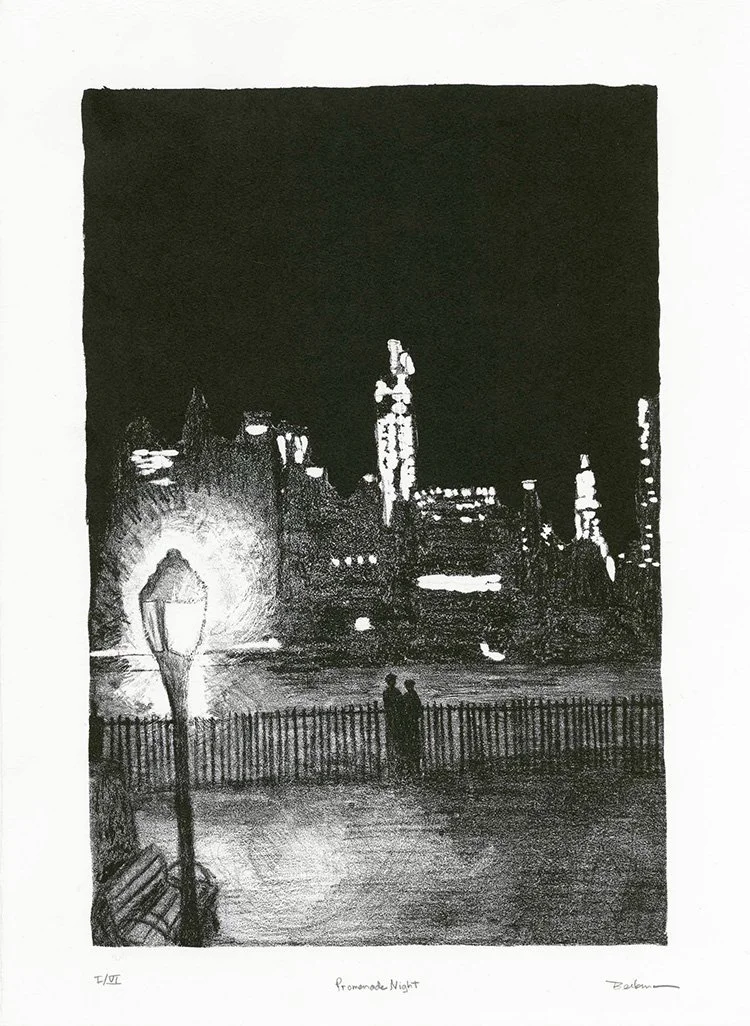 A black and white drawing of a nighttime cityscape, showing a brightly lit promenade with two people standing by a fence, skyscrapers in the background, and street lamps illuminating the scene.