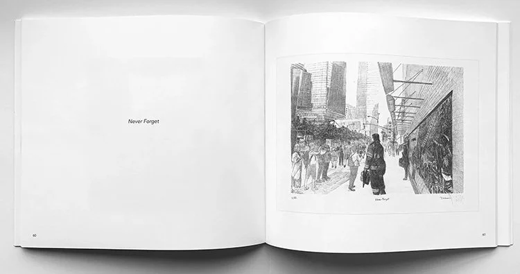 Open book showing the words "Never Forget" on the left page and a black and white illustration of a city street scene with people walking and tall buildings on the right page.