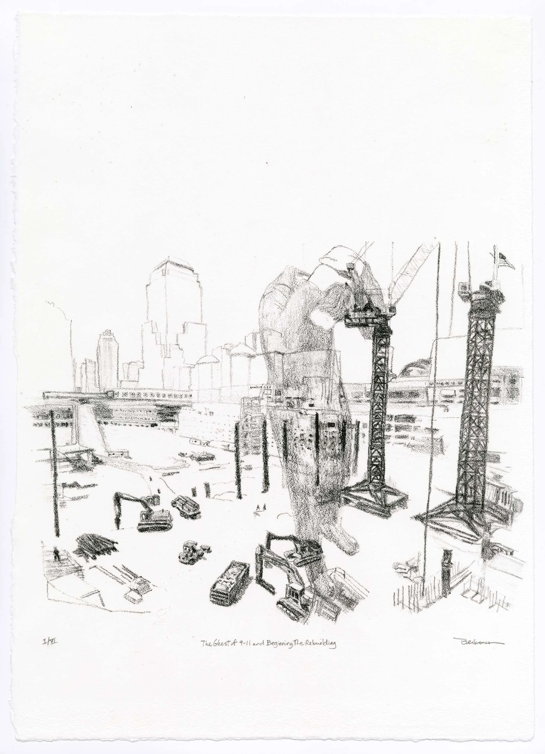 A black and white sketch of a cityscape under construction, featuring cranes, buildings, and construction vehicles.