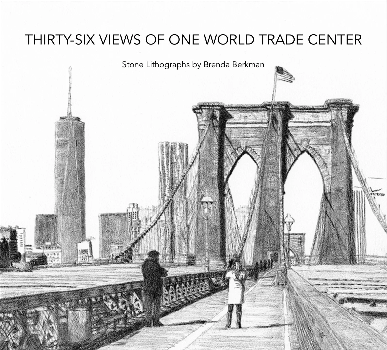 A stone lithograph of the Brooklyn Bridge in New York City in winter with One World Trade Center and the Manhattan skyline in the background. People are walking on the bridge's pedestrian path.