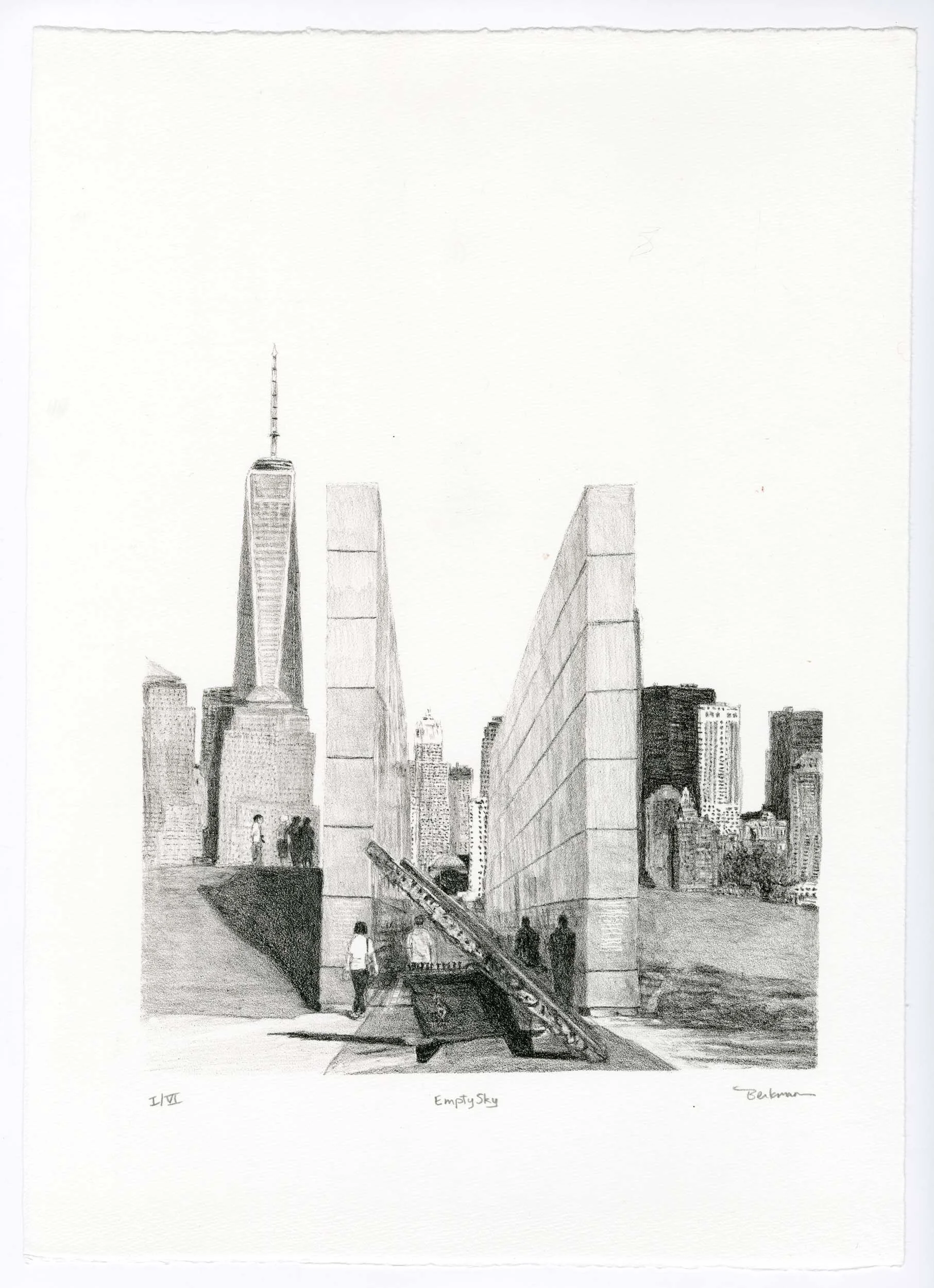 A black and white pencil drawing of New York City skyline featuring One World Trade Center and other skyscrapers. The foreground shows a bridge with several people walking underneath.