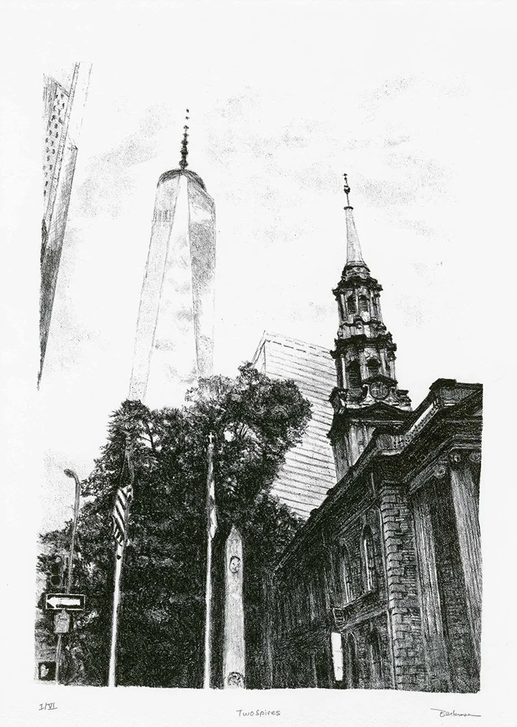 Original stone lithograph B&W print featuring the new One World Trade Center and a historic St. Paul's church with church graveyard, trees, American flag, and street sign.
