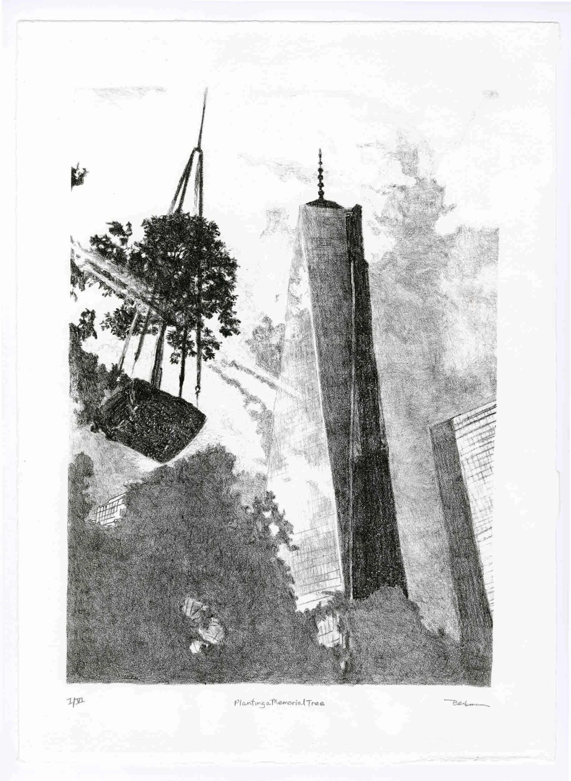 A pencil sketch of the New York City skyline featuring One World Trade Center, a memorial tree, and the Brooklyn Bridge in the background.