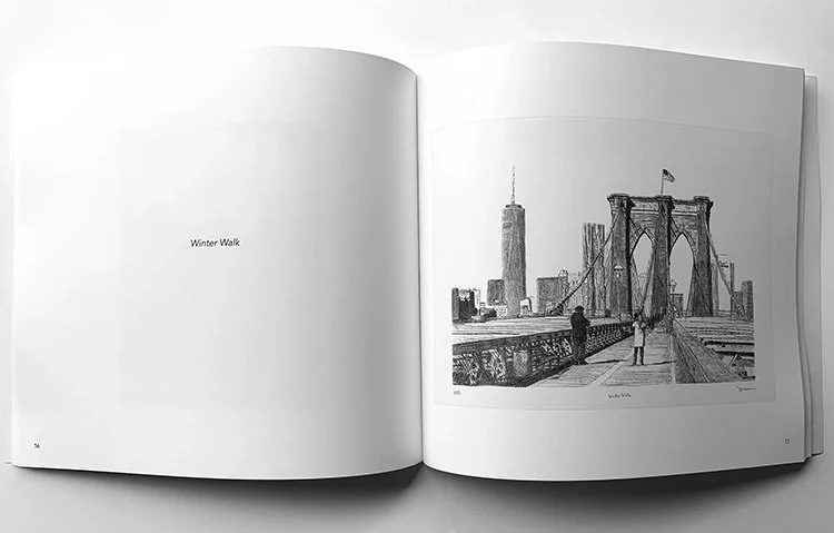 Open book with a black and white drawing of the Brooklyn Bridge in New York City, with two people walking on the bridge and the city skyline in the background.
